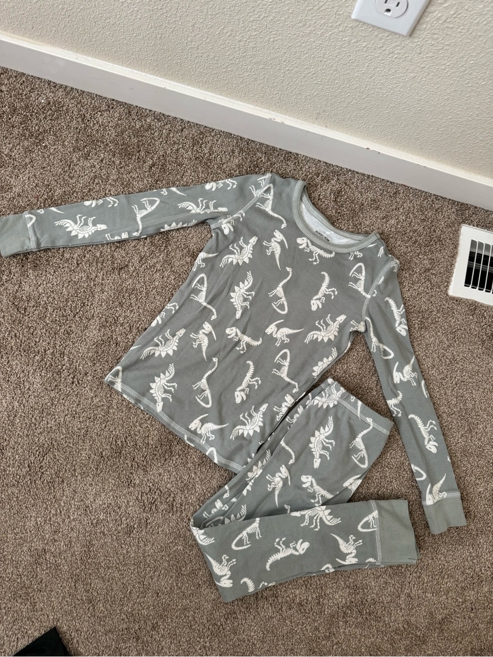 Nordstrom Sage Green Pajama Set with Glow In The Dark Dinosaur Print